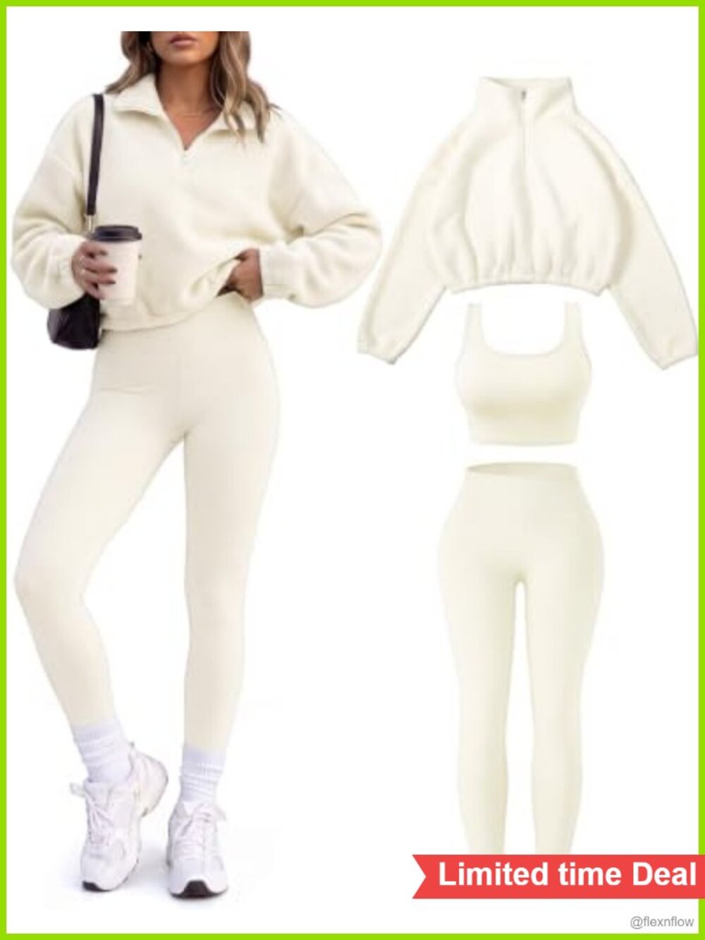 3 Piece Fleece Workout Sets Half Zip Cropped Pullover Sports Bra Yoga Legging